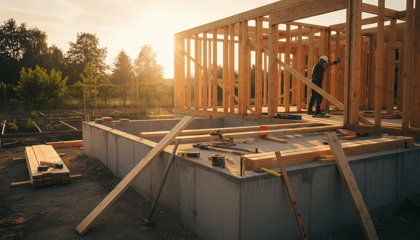 Construction site showing the framing of a custom home build with skilled workers and natural materials