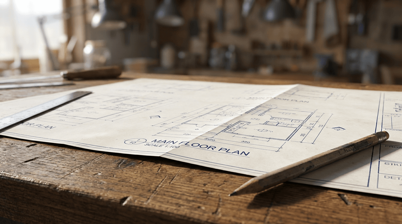 Construction professional reviewing project blueprints and plans on a wooden workbench